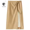 Fansilanen Patchwork Wysoka talia Plisowana spódnica Kobiety Jesień Zima Elegancki Długi Bandaż Bow Vintage Wrap A-Line Khaki 210607