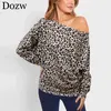 Camiseta As mulheres outono sexy fora do ombro leopardo camiseta Forma SnKae Imprimir Batwing Sleeve topo Túnica Floral Casual 210414