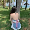 Yaz Plaj Tatlı Seksi İki Parçalı Set V Yaka Lace Up Denim Kaşkorse Tops Yıpranmış Kot Şort T3037 210514
