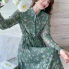 Haute qualité doux imprimé fleuri vacances longue Robe femmes manches en mousseline de soie plissée Boho plage Vestidos Robe Femme 210514