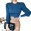 Korean O-Neck Women Sweater Long Puff Sleeve Pullover Spring Casual Blue Jumper Elasticity Sweaters 210529