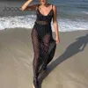 Jocoo Jolee Sexy Spaghetti Strap V Cuello Lunares Malla Perspectiva Vestido largo Verano Elegante Sin respaldo Lace Up Beach Vestido 210619