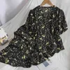 Koreansk Retro-Breasted Puff Sleeve Floral Dress Tunn Elegant Print För Kvinnor Sommar Chiffon Ruffles Beach 210420