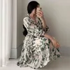 Весна осень женщины элегантные V-образным вырезом Sash Tick Up Floral Print платье старинные повседневные с длинным рукавом приморский пляж 210423