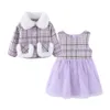 Mudkingdom Girls Clothing Sets Fashion Winter Plaid Plus Velvet Fur Collar Coat Mesh Patchwork Vest Dress Princess Outfit 210615