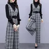 Fashion women's suit autumn and winter woolen plaid jumpsuit wide leg + knitted bottoming shirt two-piece set 210520