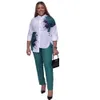 Office Lady Formal Set da due pezzi Abiti autunnali per donna Camicetta a maniche lunghe con stampa tie-dye Camicia dritta Pantalone lungo Plus Size 210727