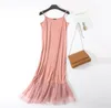 Sommar Rosa Camisole Dress Korean Fashion Gullig Spliced ​​Mesh Sexig Club Wear Vestidos Mujer 210421