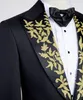 Black Mens Tuxedos Gold Appliques Groom Slim Fit Wedding Blazer Suits Formal Prom Party Pants Coat Jacket 2 Pieces272G