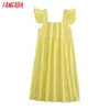 Tangada Woemn Yellow夏の綿のドレスカジュアルな正方形の襟蝶袖の背景のないハイウエストルーズドレス6L55 210609