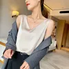 Blusas de mujer Camisas Blusa de gasa de satén Mujer Verano Cuello en V Sin mangas Elegante Oficina Señora Camisa de seda Tops de mujer Estilo francés Plus Si