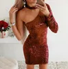 Robes décontractées Soirée Fête Femmes Noir Brillant Une épaule Robe Sexy Moulante Club Métallique Glitter Mini Femme Vêtements267E