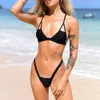 Pocket Girl 2021 Brasilianska Baddräkt Kvinnor Glänsande Bikini Set High Cut Biquini Halter String Swimwear Kvinna Baddräkt Ny Solid X0522