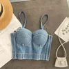 Singreiny Retro Gewassen Denim Crop Tops Dames V-hals Backless Slim Corset Party Camisole Zomer Sexy Off Schouderriem Y2K Tops 210419