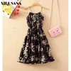 Korea Summer long chiffon floral strap dress A-Line women casual sleeveless es high waist boho beach 210423