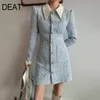 Printemps Mode Tweed Robe à col à revers Femmes Moyen et long Style étranger Bleu clair Été GX1222 210421