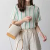 Summer O-Neck Striped Women shirt Simple Slim-Fit Knitted Short Sleeve Blouse Women All-match Fashion Tops 8789 210527
