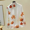 Autumn Maple Leaf Print Long Sleeve Top Women Korean Plus Size Chiffon Blouse Lapel Cardigan Shirt Blusas 11514 210512