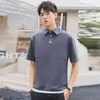 Browon Young Fashion T-shirt Mężczyźni Krótki Rękaw Turn-Down Collar Dark Grey Tshirt Business Tshirt Fake Dwa Design T Shirt Men 210421