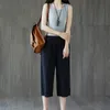 Summer Casual Loose Wide Leg Pants Female High Waist Black Cropped Trousers Women Elastici with Pocket PLus Size 210604