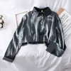 Korean Gloss Loose Slim Single-breasted Long Sleeve Shirt Women Short Crop Tops Lapel Blouse J385 210527