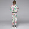 Women's Two Piece Pants Retro Floral Women Sets 2021 Runway Long Sleeve Jackets Coat + Printed Trousers Spring Autumn Designer Slim Suit