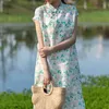 Johnature Chinese Style Dresses For Women Print Floral Stand Button Short Sleeve Ramie High Quality Summer A-Line Dress 210521