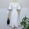 Abito lungo bianco vintage francese da donna maniche a sbuffo cerniera frontale A Line Slim Party abito estivo abiti eleganti 210514