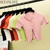 Gebreide vaste t-shirt vrouwen ruches Koreaanse vintage chaqueta lente zomer slanke korte t-shirt sexy tops ins 14205 210415