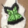 Neongrüne Damen-Nachtwäsche, sexy Satin-Pyjama-Set, schwarzer Spitzen-Pyjama mit V-Ausschnitt, ärmelloses süßes Cami-Top und Shorts