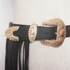 Fantastische lange franje riem zwarte designer riemen voor vrouwen faux leer lange kwikten dubbele gouden pin buckle riem plek op trendy x032827185