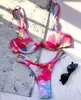Sexy Tie Dye Thong Bikini 2020 Kobiety Stroje Swimweear Samiców Swimsuit Dwuk kawałki Bikini Zestaw V-Bar Przewodowy Push Up Bather Kąpiel Swim Y0820