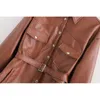 Vintage Elegant Women Brown High Quality PU Leather Jacket with Belt Fashion Motorcycle Female Pockets Single Breasted Coat 210520