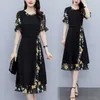 Haftowe sukienki koktajlowe Kobiety Kobiety lato eleganckie grzyb z krótkim rękawem Patchwork Druk z paskiem plus size sukienki 6423952