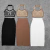 Arrival Women Sexy Designer Diamond Crystal Bling Shining Fancy Halter Tops Ladies Trendy Night Club Black Brown Camis 210527