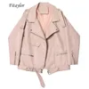 Fitaylor Autunno Donna Faux Soft Leather Giacca allentata Cappotto Turndown Collar Zipper Pu Moto Soprabito Giacca rivetto punk femminile 211118