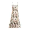 Casual Dresses Summer For Women 2022 Party Elegant Ruffle Hem Floral Chiffon Midi Dress Sleeveless Spaghetti Strap Vacation Beach