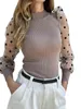 Hot Womens Polka Dots Tops Sheer Mesh Shirt Puff Long Sleeve Knitted Blouse Women ShirtsTop H1230