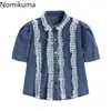 Nomikuma Dentelle Patchwork Femmes Jean Blouse Sweet Peter Pan Col Chemises coréennes Summer Puff Manches courtes Demin Blusas 6G864 210427