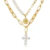 Collier en croix de perles artificielles incrusté de sceau de Style rétro Simple, cadeau pour dames, bijoux exquis, printemps et été