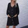 A-Line Knitting Casual dresses women V neck button pocket loose-fitting knitted mini dress womens vestidos vintage dress 210514
