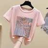 Pink Summer T shirt Women Tops White T Korean Clothes Short Sleeve Casual Purple Sequins Diamond Tee Femme 210623