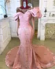 Sheer O-cou Puffy Manches Longues Robes De Mariée Rose Chaud Dentelle Scintillante Perlée Sirène Africaine Nigeria Arabe Aso Ebi Robes De Mariée