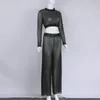 Mulheres Tracksuits Glitter Sheer Malha De Manga Longa Perspectiva Tshirt e Largo Pants Terno Feminino Sexy Shine Basic Tee 210517