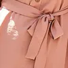 Printemps été doux rose col rabattu à manches longues femmes robe mode volants boutons mini robe avec ceinture vacances 210524