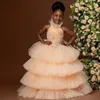 2022 Blush Pink Layered Tulle Flower Girls Abiti Ruffles Puffy Bambini Abito da festa nuziale Custom Made Livello Bambino Pageant Gonne