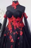 Gothic Black and Red Floral Wedding Dress Off Ramię Z Długim Rękawem Koronki Aplikacje Suknie Balowe Vintage Wiktoriański Bride Suknie Ślubne Powrót Lace-Up Plus Size Vestidos