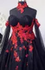 Gothic Black and Red Floral Trouwjurk Off Schouder Lange Mouw Kant Applicaties Baljurken Vintage Victoriaanse Bruid Trouwjurken Terug Lace-Up Plus Size Vestidos