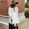 Bclout Casual Mini Fit and Flare Dress Women Puff Sleeve V Neck Black Party Dresses White Buttons Long Sleeve Autumn Vestido 210709