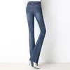 Mulheres Alto Cintura Pequena Flare Calças de Jeans Moda Slim Long Stretchy para Primavera Verão Denim S para 5XL Luz e Escuro - Azul 210809